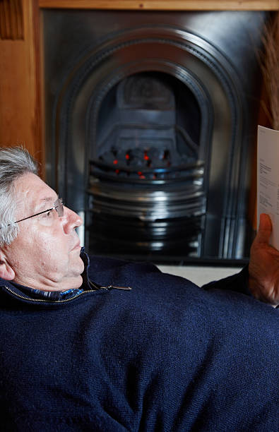 istock Mature man reading on couch in front of fire 185106401