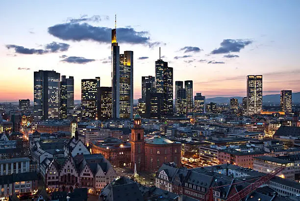 View of the Financial District of Frankfurt in the dusk.