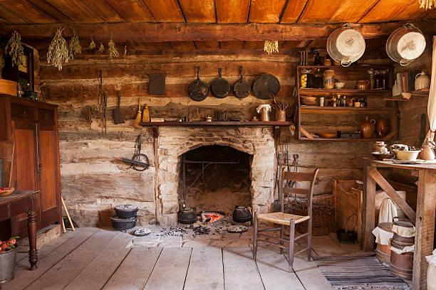 Rustic Cabin Interior 19th Century log cabin interior. log cabin stock pictures, royalty-free photos & images