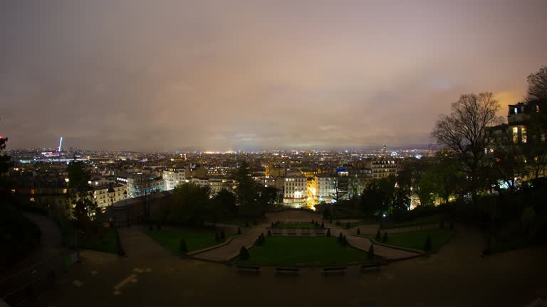 Paris City Skyline Night Timelapse Cloudy Rain Sky Horizon Wide 4K