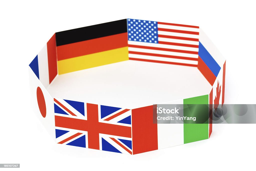 Flags for Global Economic G8 Group of Eight Nations Hz "Subject: House of cards made of global economic power nations of the G8, Group of Eight. Isolated on white background." British Culture Stock Photo