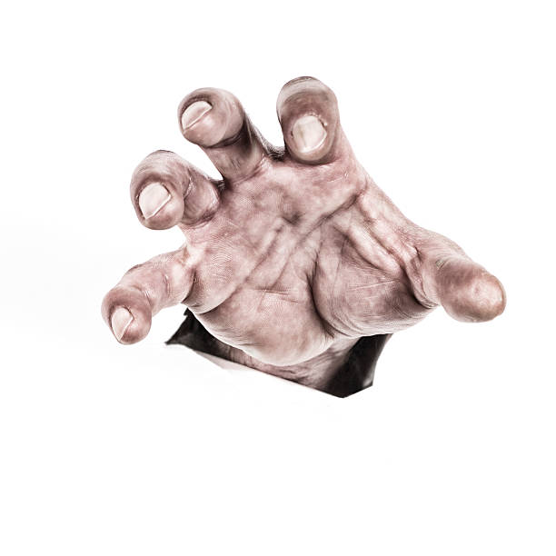 A Latin man's hand tries to grab something coming out sideways on a white background.