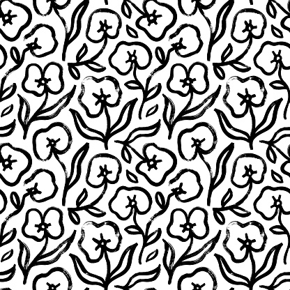 Seamless floral pattern with orchids. Brush drawn summer or spring print. Modern sketchy style natural background. Seamless botanical pattern in naive style. Hand drawn orchid flowers wallpaper.