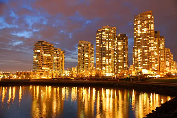 Vancouver buildings glowing under an overcast sky.