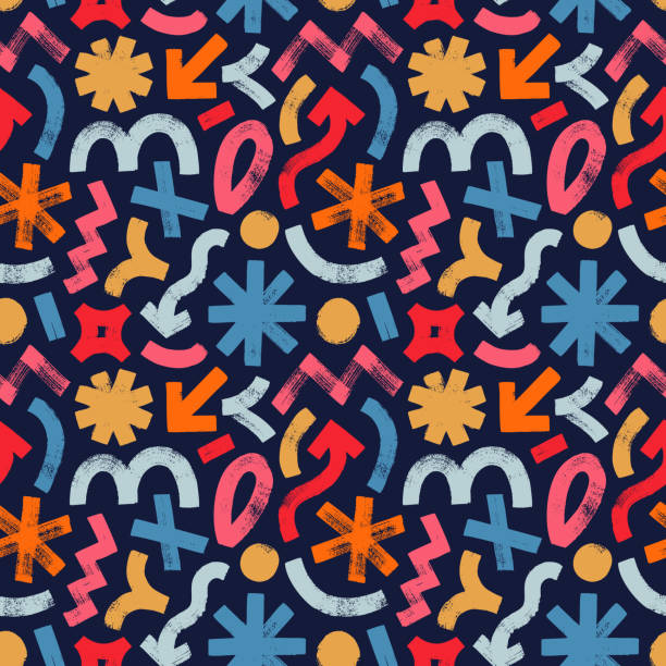 Colored brush-drawn geometric shapes seamless patten. Creative minimalist style art background. Colored brush-drawn geometric shapes seamless patten. Creative minimalist style art background for children or trendy design with basic shapes, curves, dots, spirals. Simple childish scribble print. fun stock illustrations