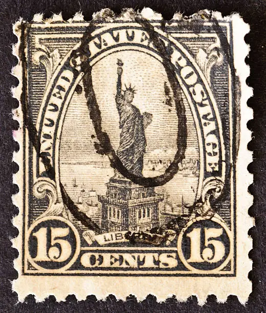 "This is the first stamp issued bearing the image of the Statue of Liberty in New York Harbor.  First kissued in 1925, the stamp was based on a 1888 engraving"