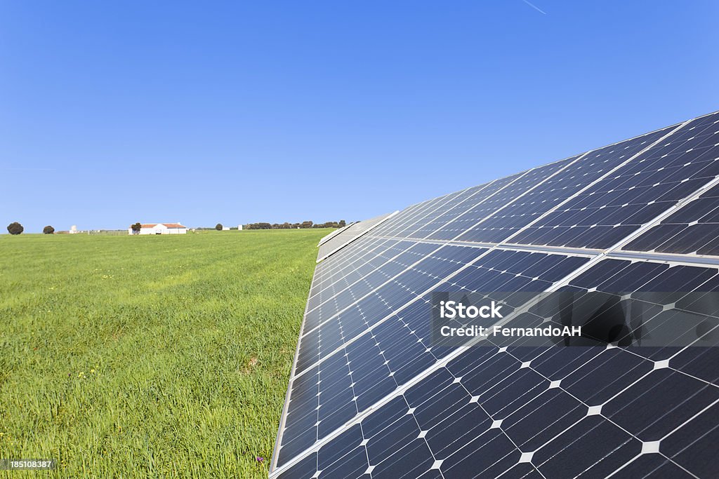Panele słoneczne na zielone pole i błękitne niebo - Zbiór zdjęć royalty-free (Elektrownia)