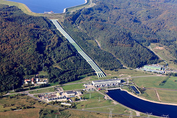 Water reservoir hydroelectric power station in Zarnowiec stock photo