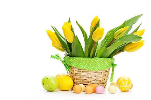 bouquet of tulips and eggs isolated on white