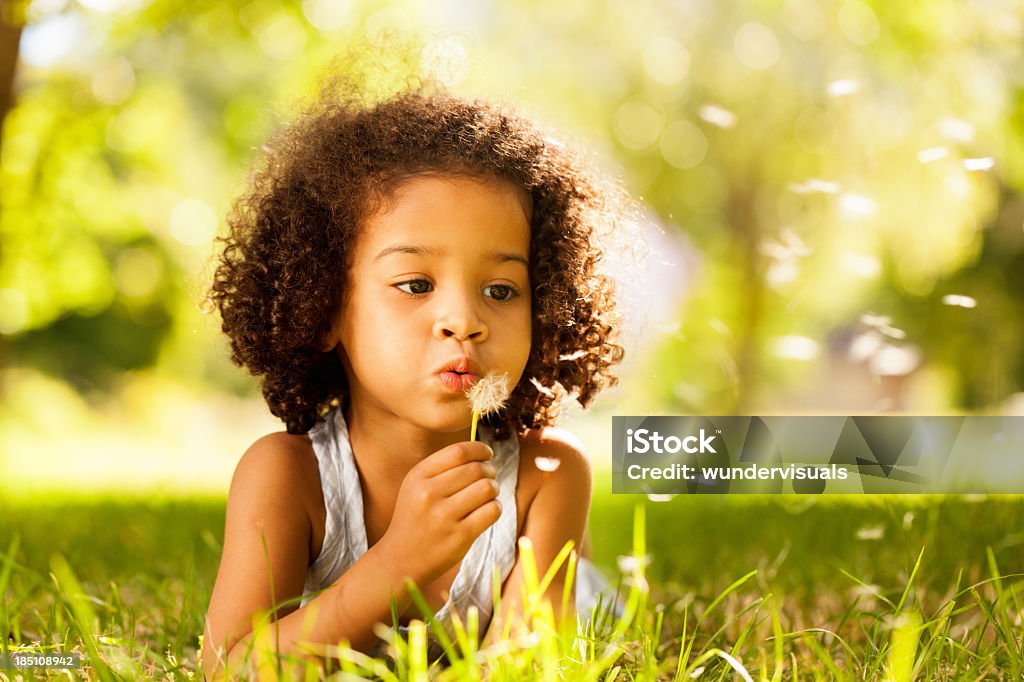 Rapariga ocupado mandar Dente-de-Leão sementes no parque - Royalty-free Criança Foto de stock