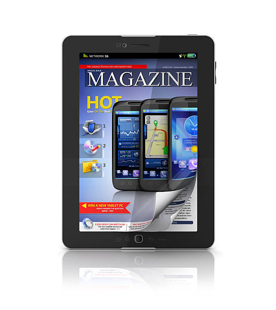 digital e-magazine on tablet stock photo