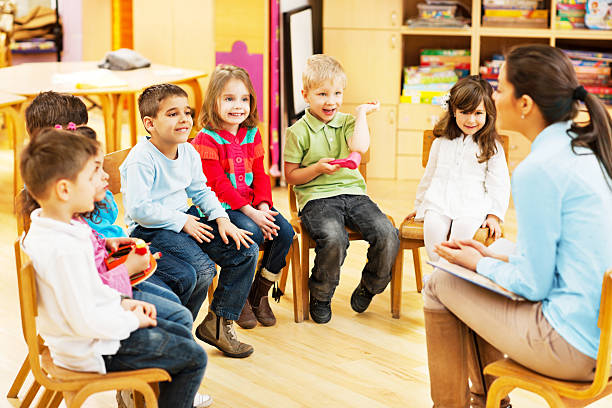 A daycare teacher sits with her students in front of her as she reads the group a story.  The children are each dressed casually in bright colours and focused on the story.