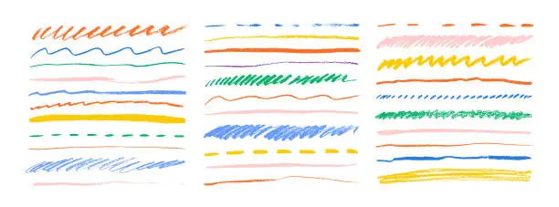 Vector illustration of Various colored underlines and dividers collection. Hand drawn charcoal curved and dotted lines.