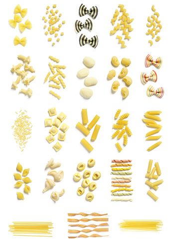 An enormous white isolated pasta collection constructed from 23 25MP images. Starting from the top left corner the pasta varieties are: 