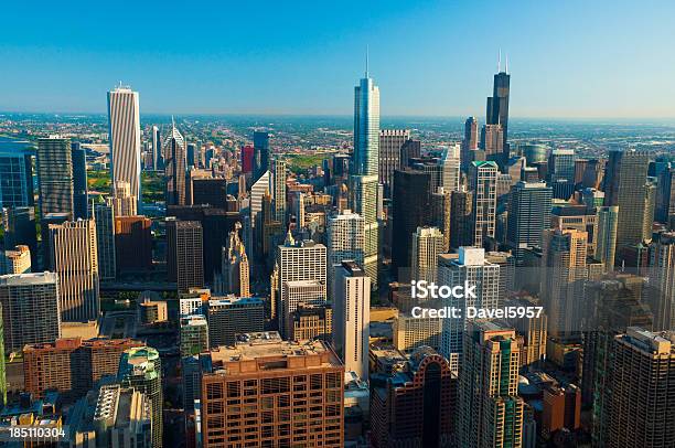 Panoramę Chicago Centrum Widok Z Lotu Ptaka - zdjęcia stockowe i więcej obrazów Chicago - Illinois - Chicago - Illinois, Ujęcie z lotu ptaka, Aon Center - Chicago