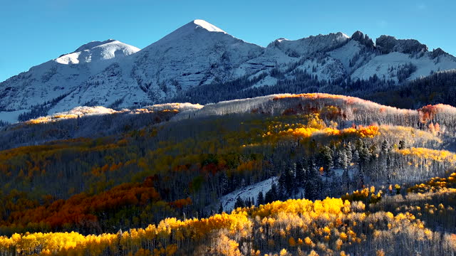 Kebler Pass aerial cinematic drone morning light Crested Butte Gunnison Colorado seasons crash early fall aspen tree red yellow orange forest winter first snow Rocky Mountain peaks forward up motion