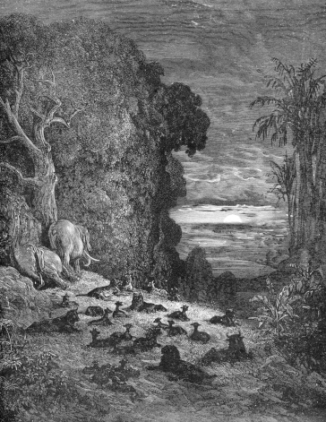 The creation of quadrupedsA scene from Milton's Paradise Lost. Engraving from 1870 by Gustave DorA.