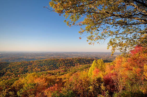 Tennessee Valley from Foothills Parkway West in Autumn A colorful scenic view of the Tennessee Valley looking toward Maryville and Knoxville Tennessee USA from Foothills Parkway West near Great Smoky Mountains National Park. This is a view to the North in full Autumn color. foothills parkway photos stock pictures, royalty-free photos & images