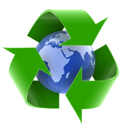 Recycle symbol on green bokeh background. eco and save the earth concept. An ecological metaphor for ecological waste management and a sustainable and economical lifestyle.