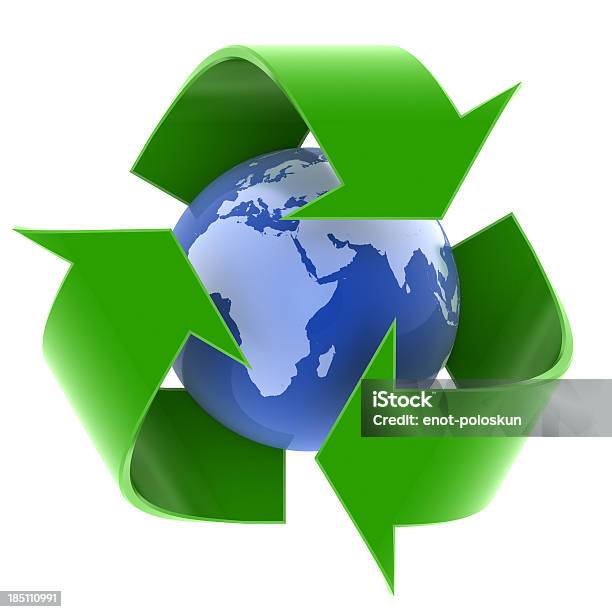 Ziemi I Symbol Recyklingu - zdjęcia stockowe i więcej obrazów Odzyskiwanie i przetwarzanie surowców wtórnych - Odzyskiwanie i przetwarzanie surowców wtórnych, Symbol recyklingu, Globus - Wyposażenie do nawigacji