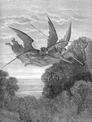 The archangels Turiel and Zafon hunting for Satan.A scene from Milton's Paradise Lost. Engraving from 1870 by Gustave DorA.