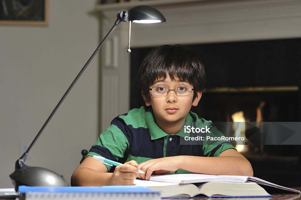 Rapaz um pouco triste a fazer o seu trabalho de casa em casa - Royalty-free 10-11 Anos Foto de stock