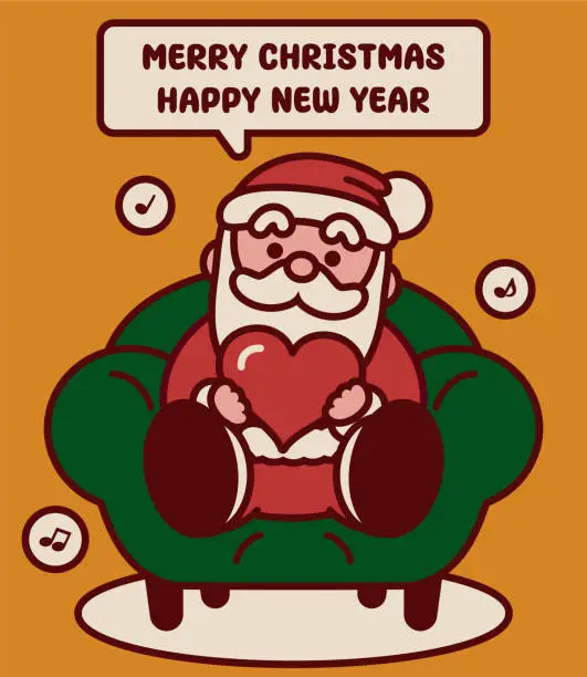 Vector illustration of Adorable Santa Claus is sitting on the sofa holding a love heart and wishing you a Merry Christmas and a Happy New Year