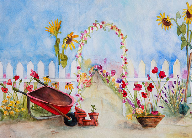 ilustraciones, imágenes clip art, dibujos animados e iconos de stock de jardín de flores acuarela escena - sunflower flower flower bed light