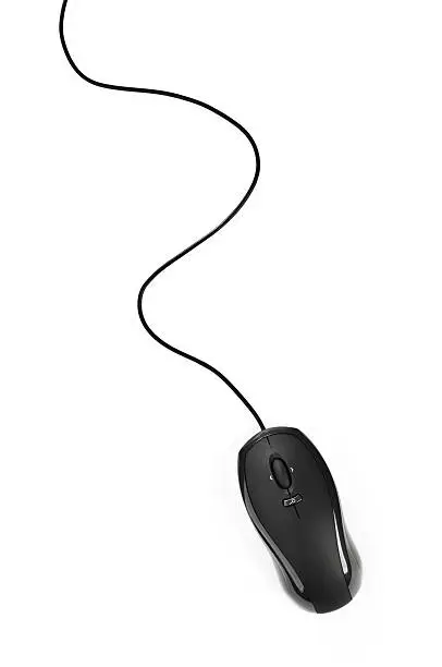 Photo of Black computer laser mouse with cable isolated on white