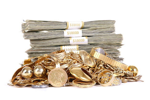 dinheiro de ouro - gold jewelry paper currency scrap metal - fotografias e filmes do acervo