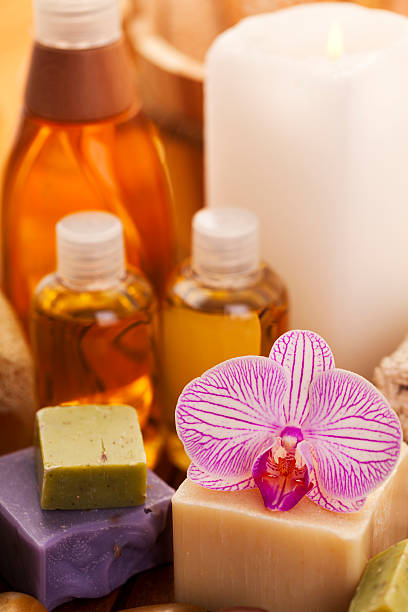 istock Spa concept with candles, towel, loofah 185114327
