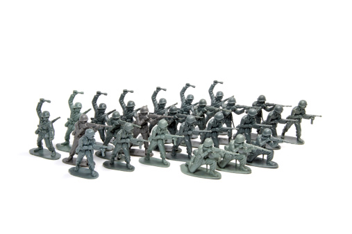 A collection of plastic toy soldiers.
