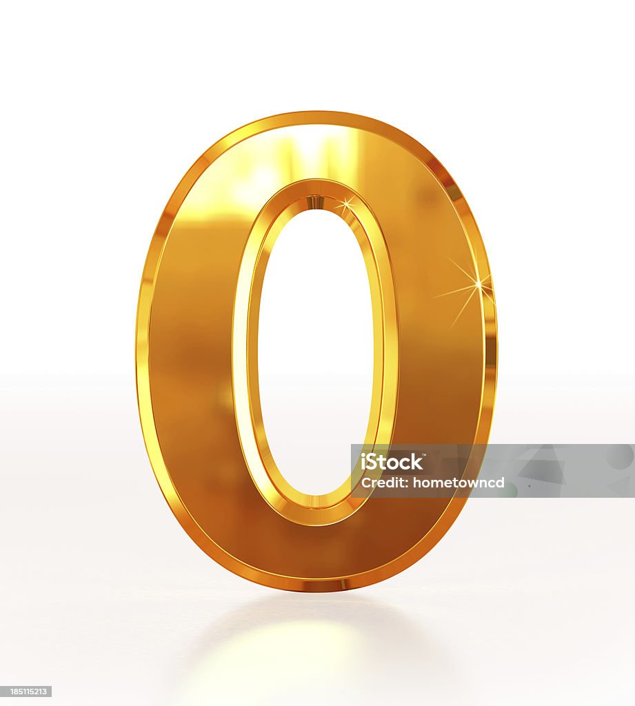 Gold Number 0 3D rendering of Number 0 made of sparkling gold with reflection isolated on white background. Zero Stock Photo