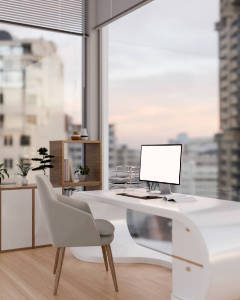 istock A modern, luxury, Scandinavian private office room in a skyscraper with a computer on a modern desk. 1851152413