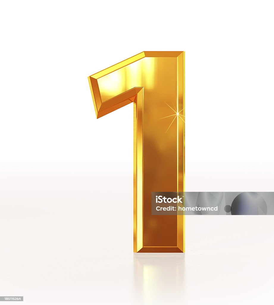 Gold Number 1 3D rendering of Number 1 made of sparkling gold with reflection isolated on white background. Number 1 Stock Photo