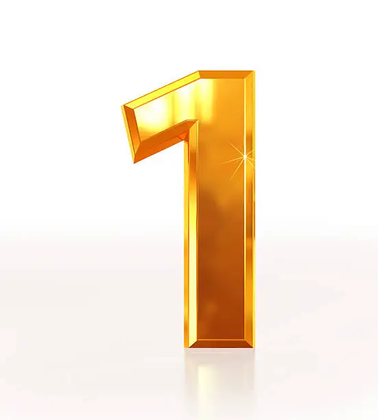3D rendering of Number 1 made of sparkling gold with reflection isolated on white background.