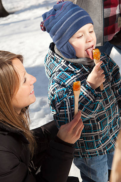 menino comer taffy de bordo - maple tree spring nature tree - fotografias e filmes do acervo