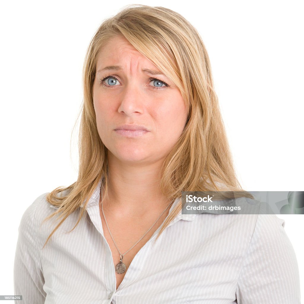 Uncertain Frowning Woman Portrait of a woman on a white background. http://s3.amazonaws.com/drbimages/m/er.jpg 25-29 Years Stock Photo