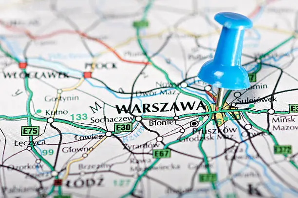 "Pushpin marking Venues 2012 UEFA European Football Championship on map. Matches will be held in Warsaw (Poland) on the National Stadium. Capacity: 58,145"