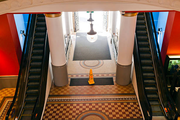 Elevated view of entry to the shopping centre with escalators