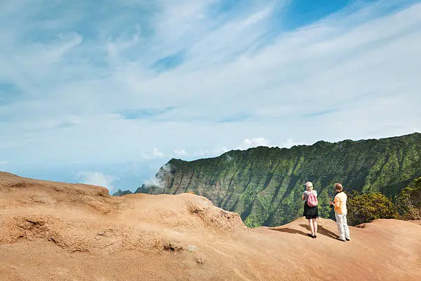 "Subject: Tourists, hikers and vacationers enjoying the scenery of the Na Pali Coast from the trails of Waimea Canyon of Kauai.Location: Na Pali Coast, Kauai, Hawaii, USA."