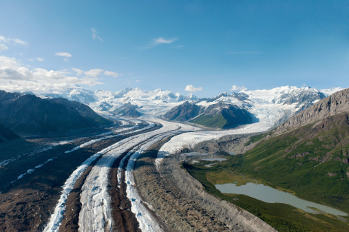 Panoramic aerial view of a sweeping glacier near Kennecott and McCarthy in Wrangell - St Elias National Park
