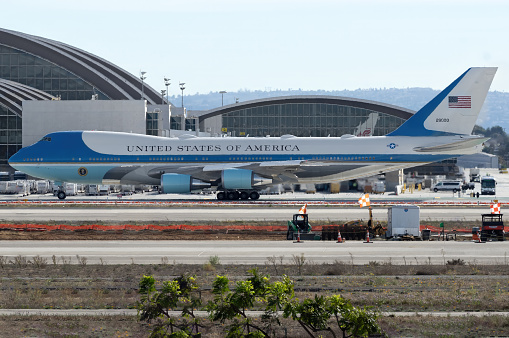 Los Angeles, California, United States: Air Force One, Boeing VC-25 with tail number 29000, with President Joe Biden aboard shown departing from LAX, Los Angeles International Airport.