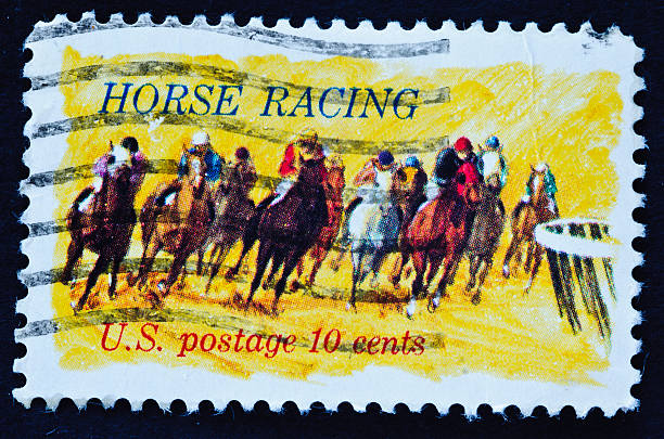Horse Racing Stamp "The 10-cent Horse Racing commemorative stamp was first placed on sale at Louisville, Kentucky, on May 4, 1974. Louisville is the place at which Churchill Downs and the Kentucky Derby are located." 1974 photos stock pictures, royalty-free photos & images
