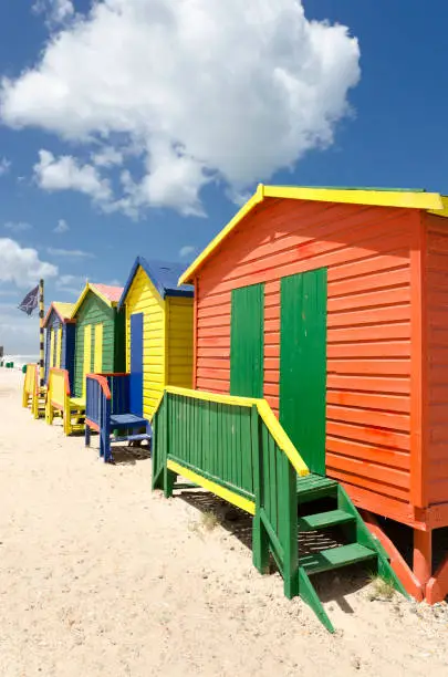 The famous colorful beach huts of Muizenberg in Cape Town.See also
