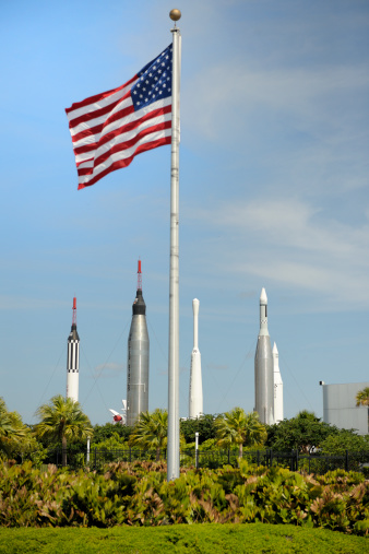 American flag at rocket park NASA Kennedy Space Center Florida USA