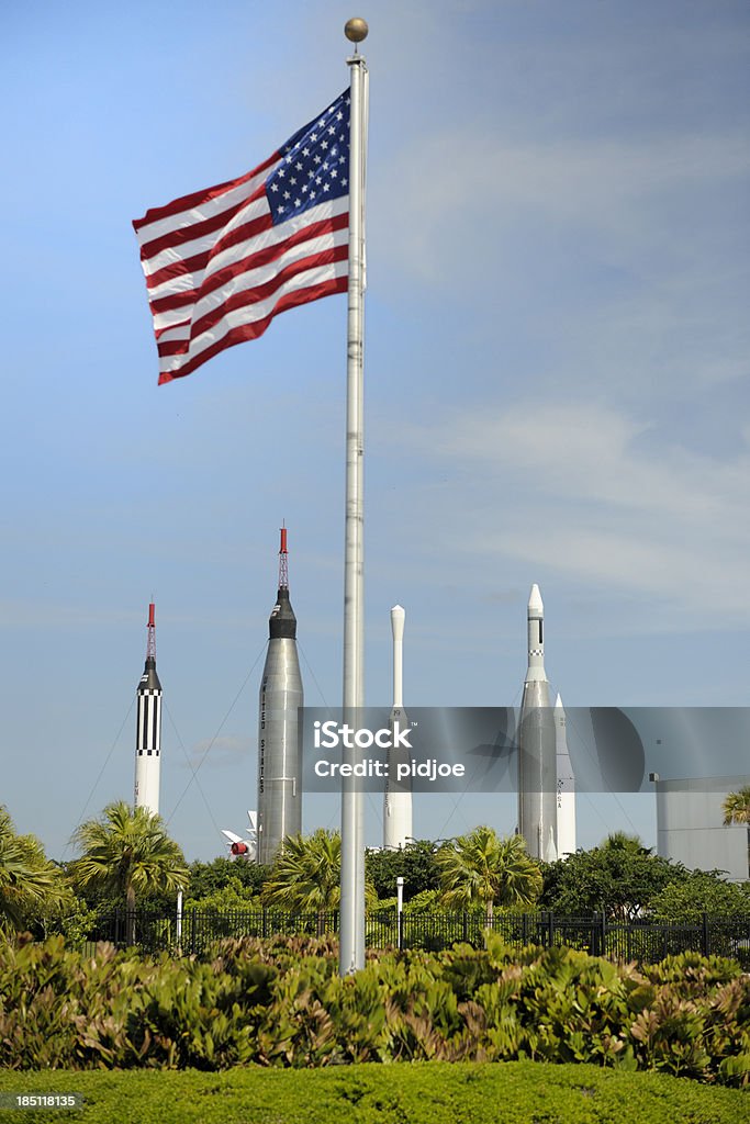 American flag at rocket park NASA Kennedy Space Center American flag at rocket park NASA Kennedy Space Center Florida USA NASA Kennedy Space Center Stock Photo