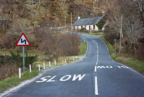Bobinado con lentitud de las señales de carretera escocés - foto de stock
