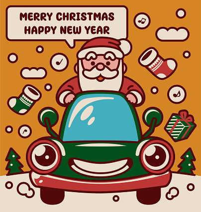 Cute Christmas Characters Vector Art Illustration.
Adorable Santa Claus on an anthropomorphic car traveling around the world to wish you a Merry Christmas and a Happy New Year.
