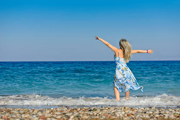 blond woman rear view with arms outstretched feeling free on beach .